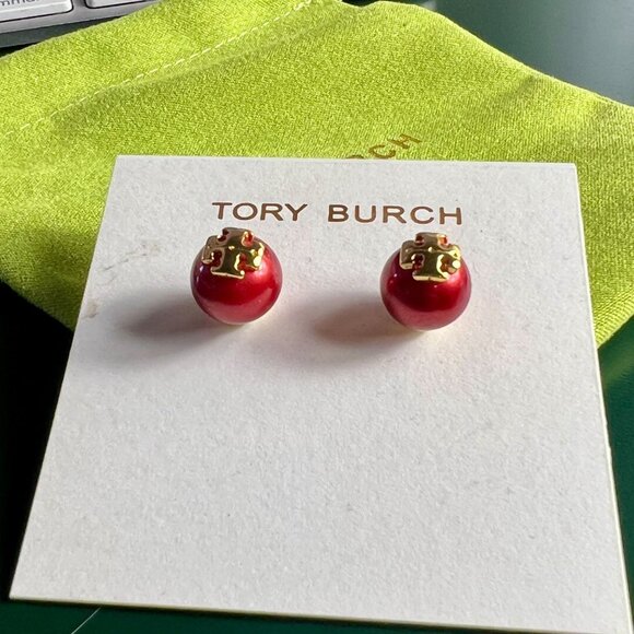 Tory Burch Red Enamel Round Logo Stud Earrings With Gold Accents - Picture 3 of 5